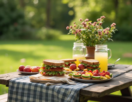 Sandwiches with fresh fruits and vegetables on wooden table in gardenの素材