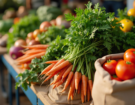 Bags of fresh organic carrots at farmers market. Selective focusの素材