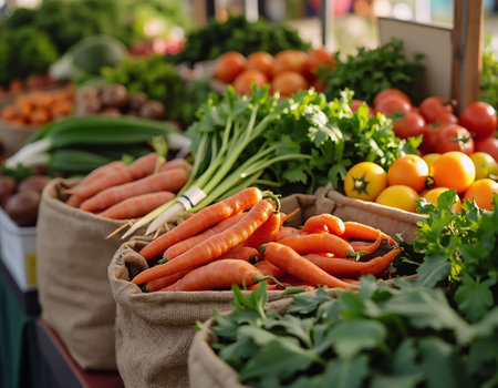 Bags of fresh organic carrots on the counter of a farmers marketの素材