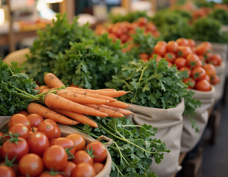 Fresh organic vegetables at the farmers market. Healthy food concept. Selective focus.の素材