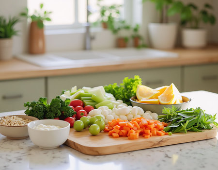 Fresh vegetables and greens on a white marble table in a modern kitchenの素材