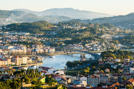South side of the historical city of Pontevedra from an elevated viewpoint. Highway bridge icwe Lerez riverの写真素材