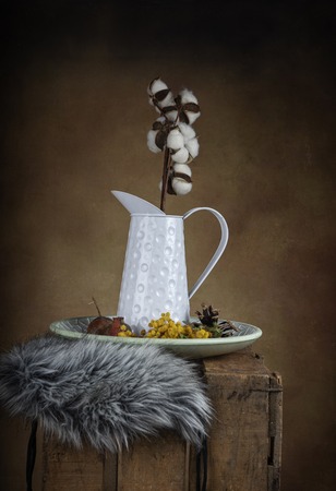 Vintage still life with dried flowers and jugの写真素材