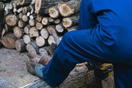Man working with a chainsaw sawing a large log, harvesting firewood.