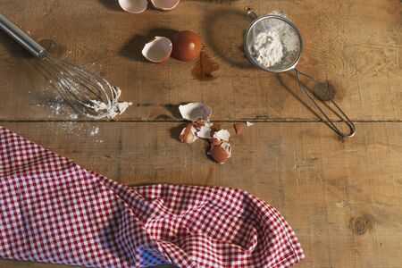 flour and egg, preparation of the dough. Ingredients for the dough: eggs and flour with a whisk on...