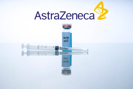 Barcelona / Spain- February 17, 2021: Vaccine against coronavirus (Covid 19) from AstraZeneca research.のeditorial素材