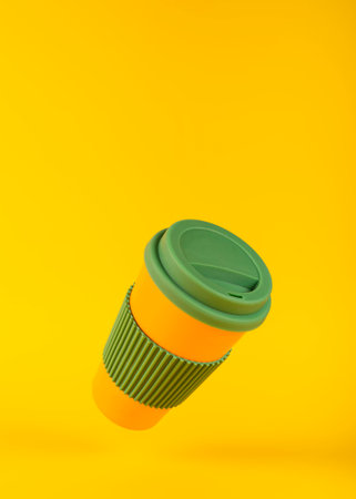 Restaurant corporate style design. Orange Cardboard Coffee Cup of Coffee Mockup on a Yellow...