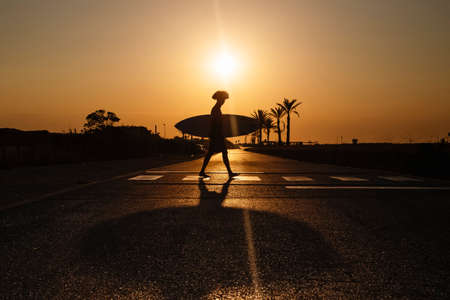 Silhouette of a surfer with afro hair walking at sunrise with surfboardの写真素材