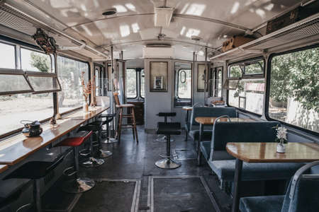 General image of the interior of an old train transformed into a restaurantの写真素材