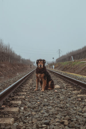 Lost dog on the train tracksの写真素材