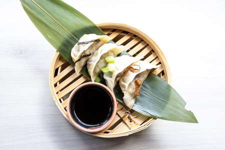Oriental Fried Dim Sum with Minced Meat also known as Gyoza, Dim Sum, Jiaozi or Momo on a Banana Leaf with Spicy Sauce Close Up. Beef and Hot Thin Ram Candy Isolated on Whiteの写真素材