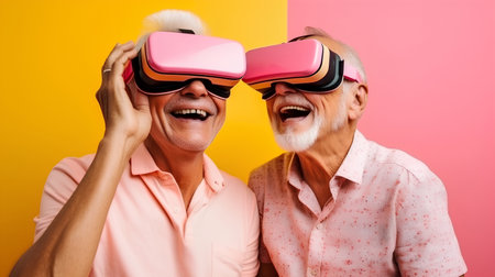 Senior adult couple having fun together with virtual reality headsets sitting on the couch.Concept of New trends and technology conceptの素材