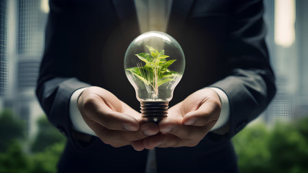 businessman hand holding light bulb: ecological conceptの素材