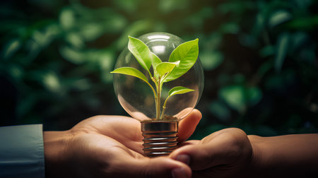 Bulb light with tree inside in joined hands. Ecological concept. Generative AIの素材