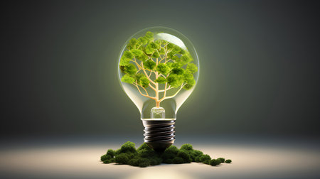 Bulb light with tree, concept of Earth Day or World Environment Day. Generative AIの素材
