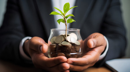 Hands of a businessman with a tree growing on gold coins - business investment. Generative AIの素材