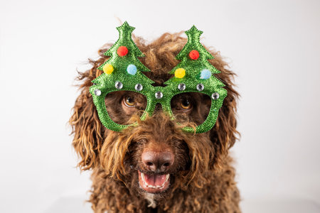 Closeup of a dog wearing glasses holding a Christmas tree isolated on a white backgroundの写真素材
