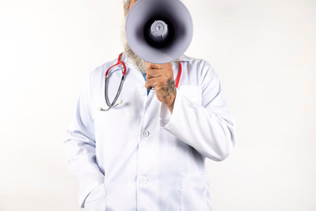 doctor on transparent isolated speaking through a megaphone