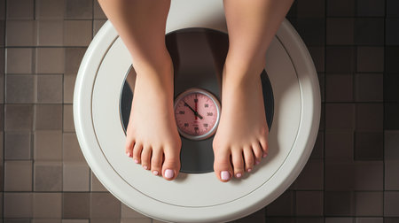 Woman standing on a scale, Health and well-being concept. New Year's resolutions, lose weightの素材