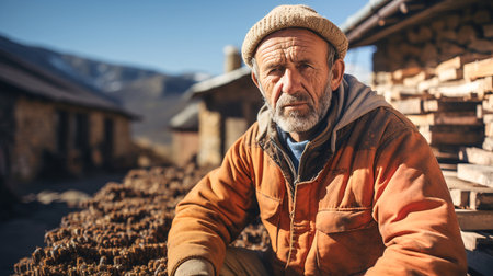 Medium shot portrait photograph of an elderly man in a sawmillの素材
