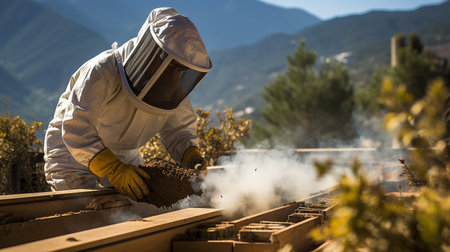 a professional beekeeper wearing a protective clothing taking care of his bee hiveの素材
