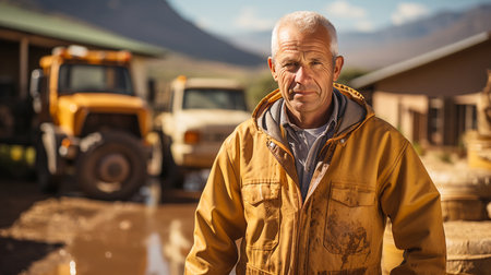 Portrait of a farmer in yellow jacket in front of his farm before going to work.の素材
