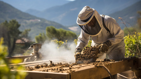 Beekeeper Tending To Beehives, Generative AIの素材