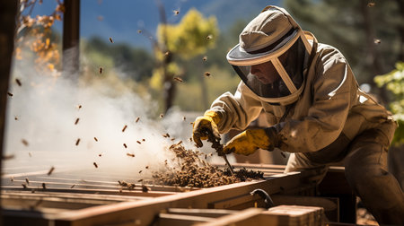 A beekeeper in a protective suit and gloves shakes off the bees. Ecological apiary in nature.の素材