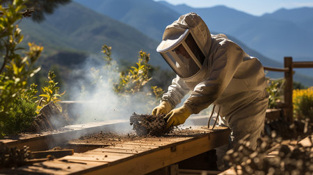 A beekeeper in a protective suit and gloves shakes off the bees. Ecological apiary in nature.の素材