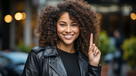 Young beautiful African American afro woman with curly hair showing and pointing up with finger number one while smiling confident and happy.の素材