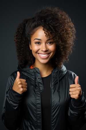 Studio portrait photography of a happy girl in her 30s showing thumbs up on a dark background.の素材