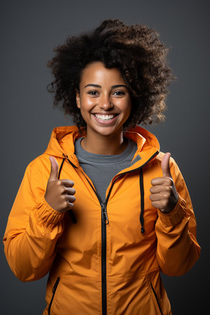 studio portrait of smiling young woman showing thumbs upの素材