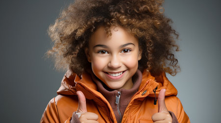 Portrait of a cheerful little girl pointing fingers up on a gray backgroundの素材