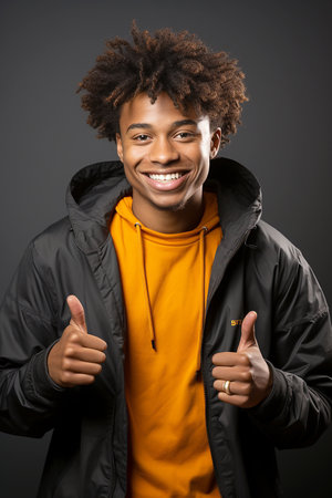 studio portrait of a smiling young man showing thumbs upの素材