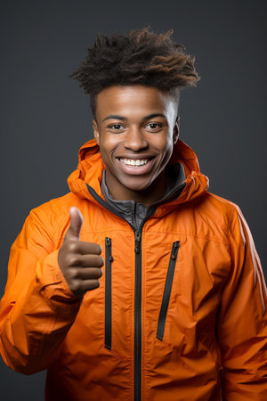 studio portrait of a happy boy showing thumbs up on a dark gray background.の素材