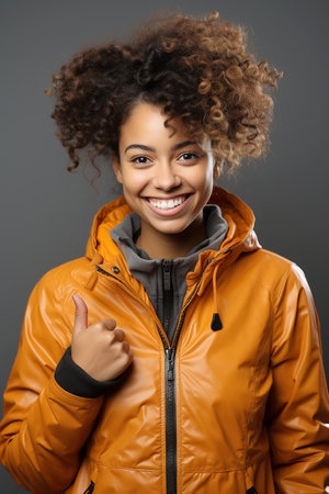 adult afro woman pointing finger on a gray backgroundの素材