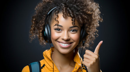Close up of attractive afro woman with positive attitude and headphonesの素材