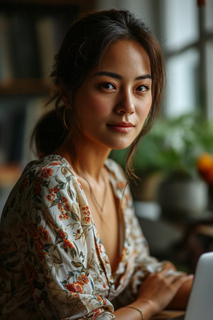AI of a portrait of an Asian woman in an office environment.の素材