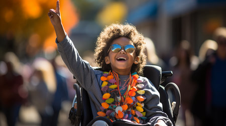 Happy and smiling boy in wheelchairの素材
