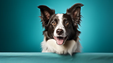 A border collie looking happy. Isolated on a pastel blue background.の素材