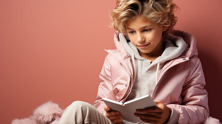 Portrait of a boy reading a book in the room with space for textの素材