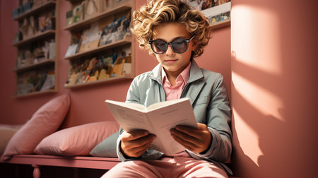 Portrait of a boy reading a book from the library in his roomの素材