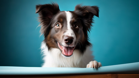 An image of a brown border collie looking happy. Isolated on a pastel blue background.の素材