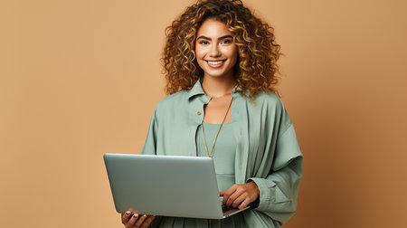 Confident woman on isolated background Young woman holding laptopの素材