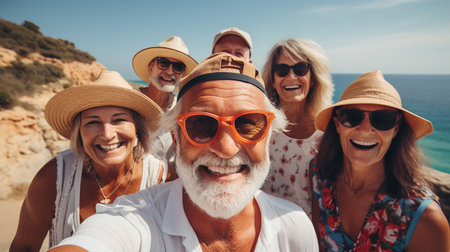 Cheerful seniors on vacation capturing memories on a sunny dayの素材