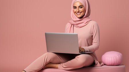 a musulism smiling woman using a laptop computer isolated pink backgroundの素材