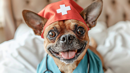 A dog with a red medical cap and stethoscope on a vet's tableの素材