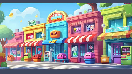 Shop fronts on street. Shopping retail facades with sidewalk cartoon vector illustration, neighborhood store exteriorsの写真素材