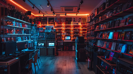 A video game store with neon lightsの写真素材