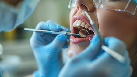 dental clinic, the doctor examines the patient's teethの写真素材